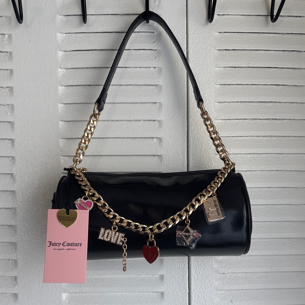 Juicy Couture Black Baguette Barrel Bag Gold Chain Heart Charm Y2K Glam NWT